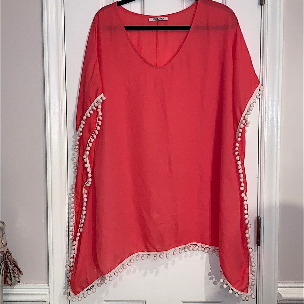 Adreamly Swimsuit Coverup in Coral with Pom Pom details